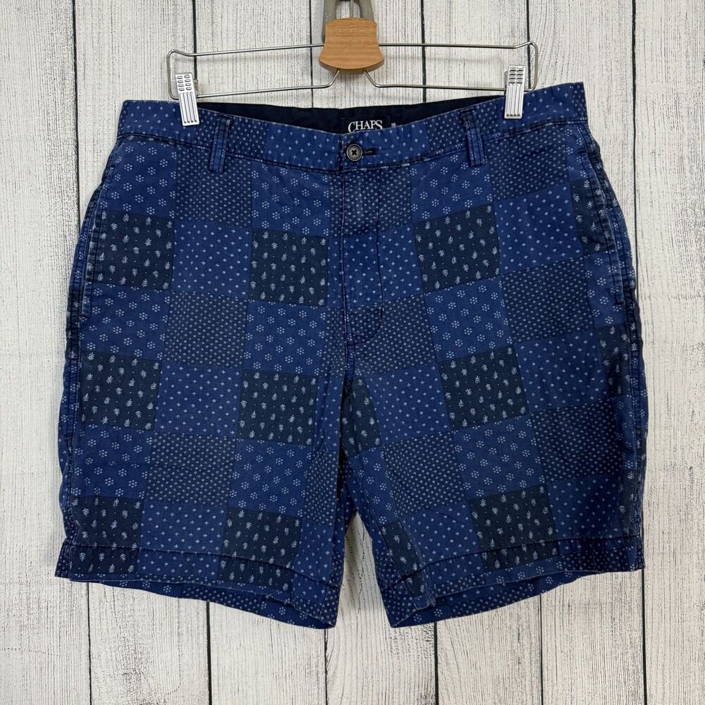 Chaps Men's W36 Blue Flat Front Printed Patchwork 100% Cotton Bermuda Shorts